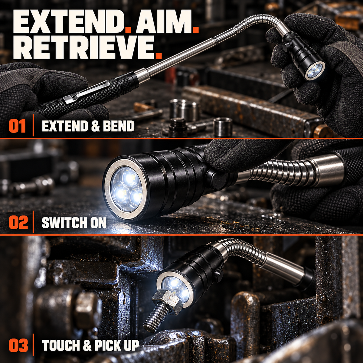 Dual-End Magnetic Telescopic LED Inspection Flashlight