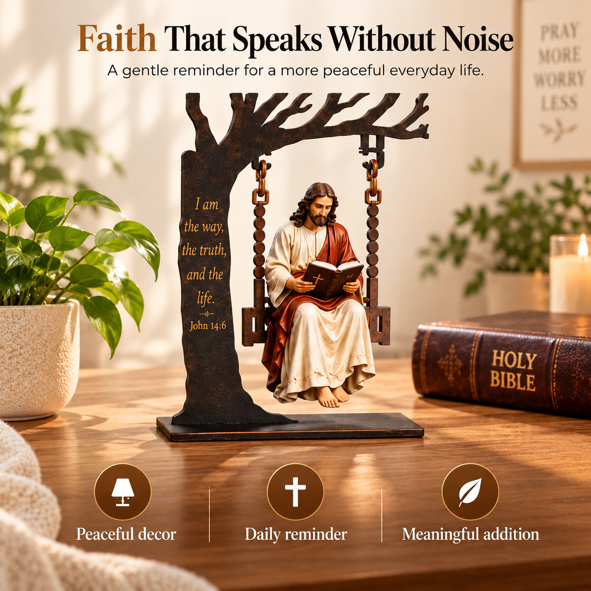 Serene Jesus Swing Ornament – John 14:6 Christian Faith Tabletop Decor