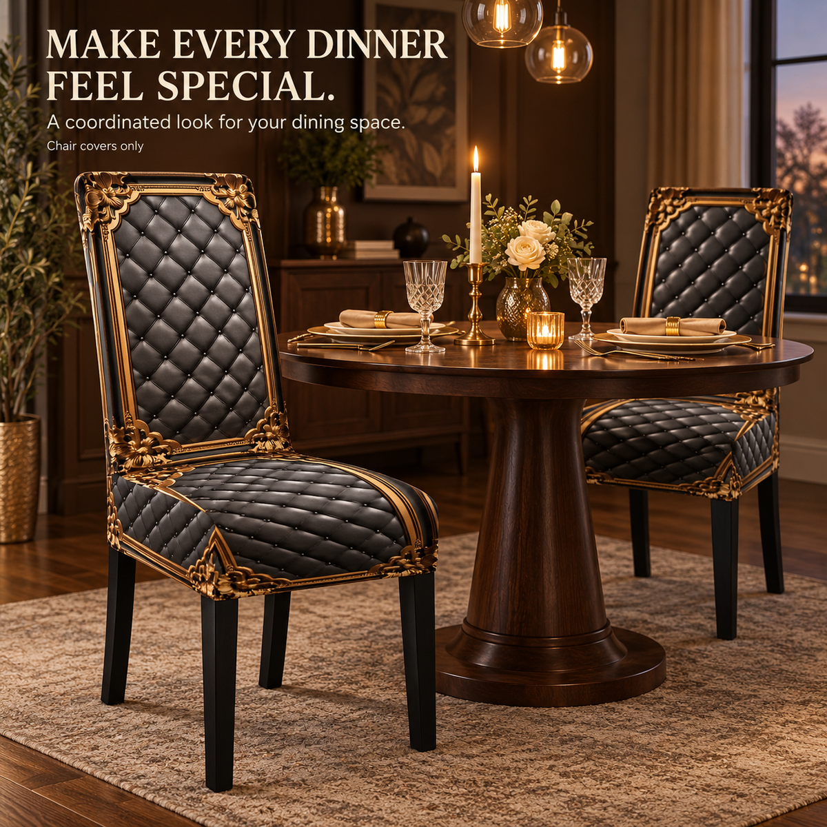 Regal Noir Baroque-Print Stretch Dining Chair Cover
