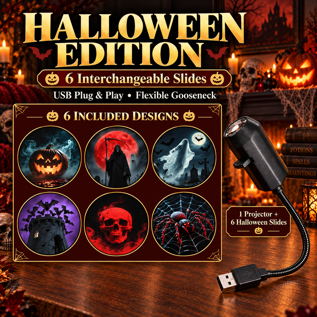 USB Holiday Projector Light – 6 Interchangeable Slides