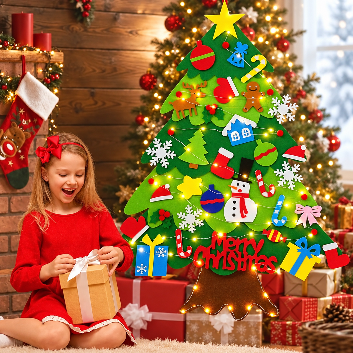Kids' DIY Felt Christmas Tree with 32 Ornaments & 10FT LED Lights