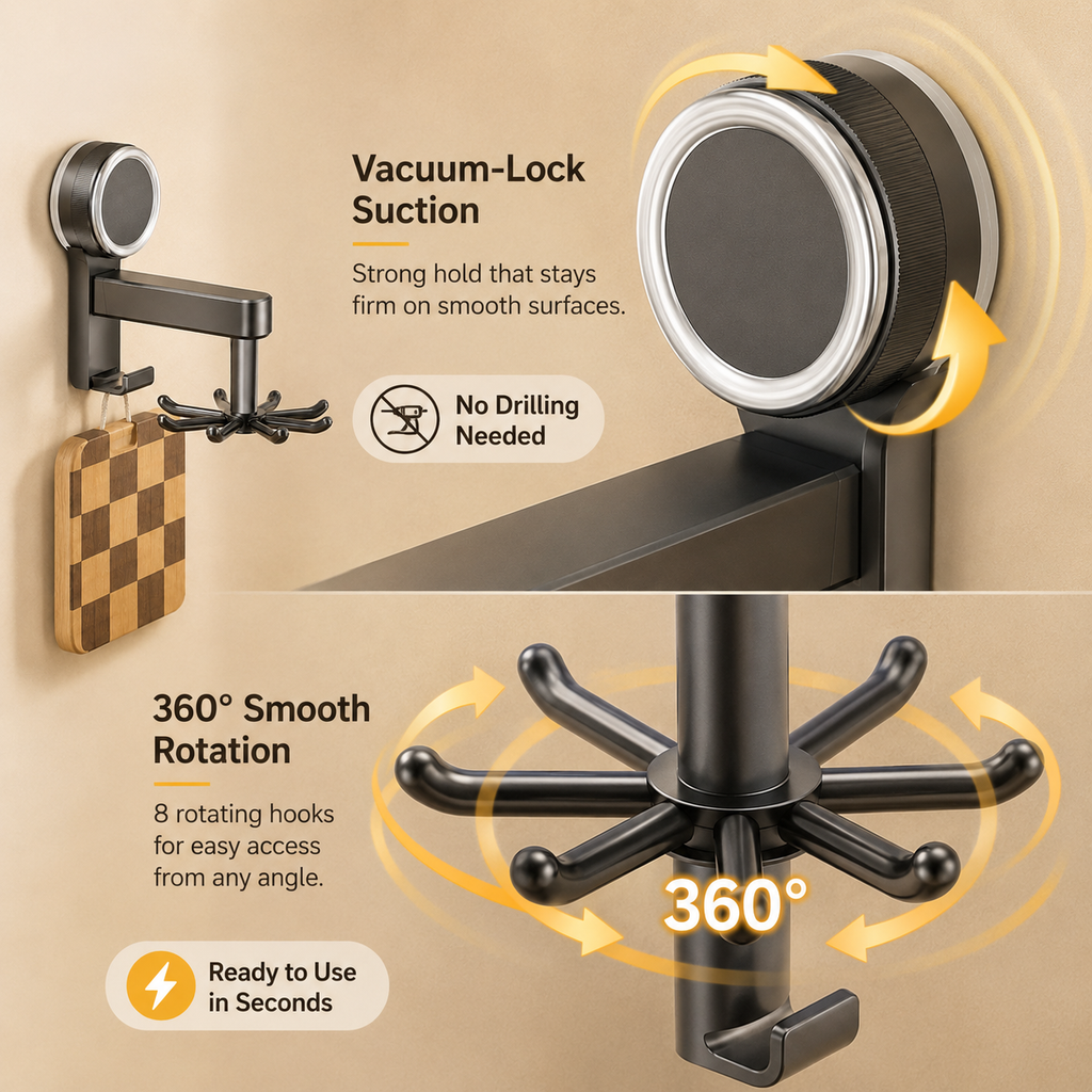 Multi-Purpose 360° Rotating Suction Hook Organizer