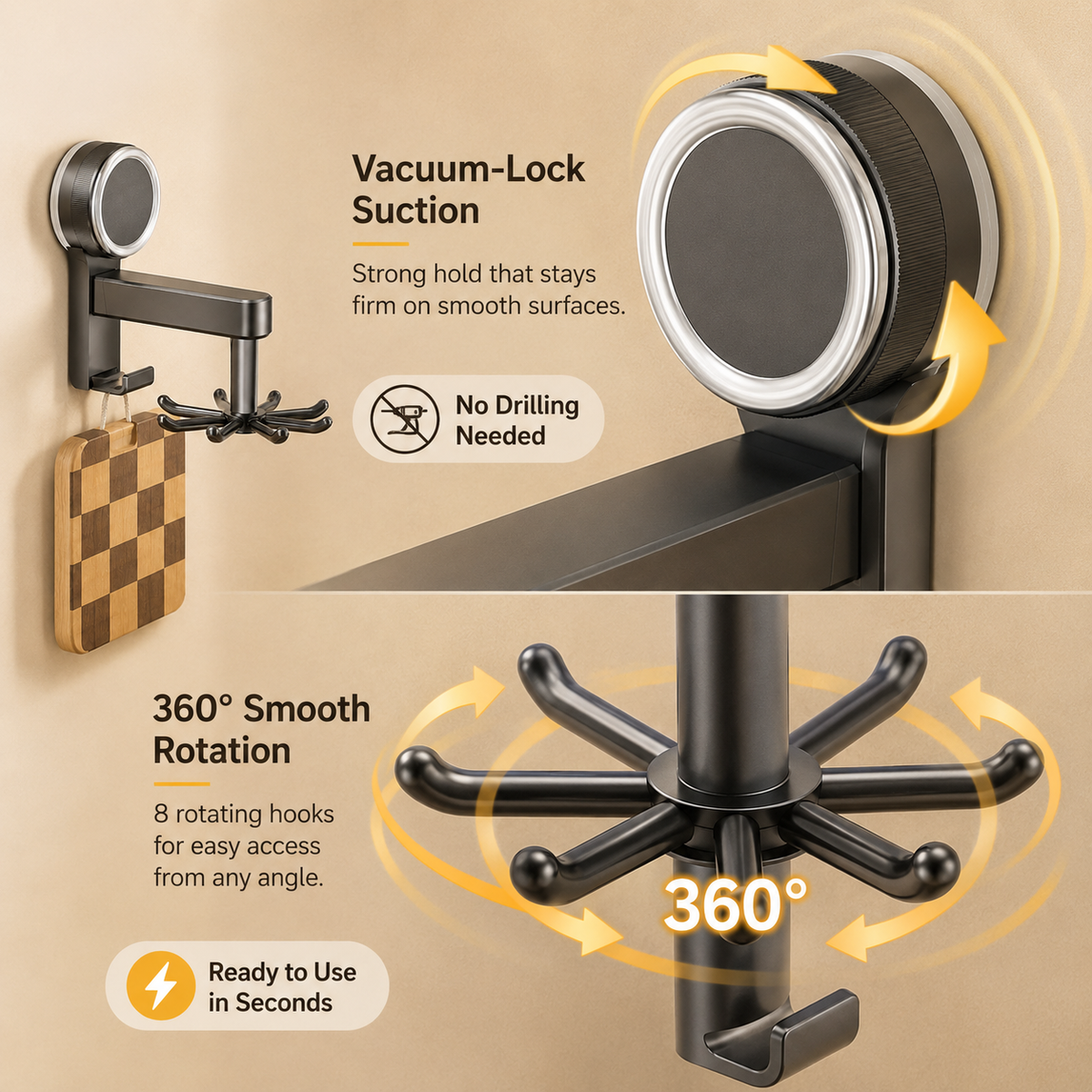 Multi-Purpose 360° Rotating Suction Hook Organizer