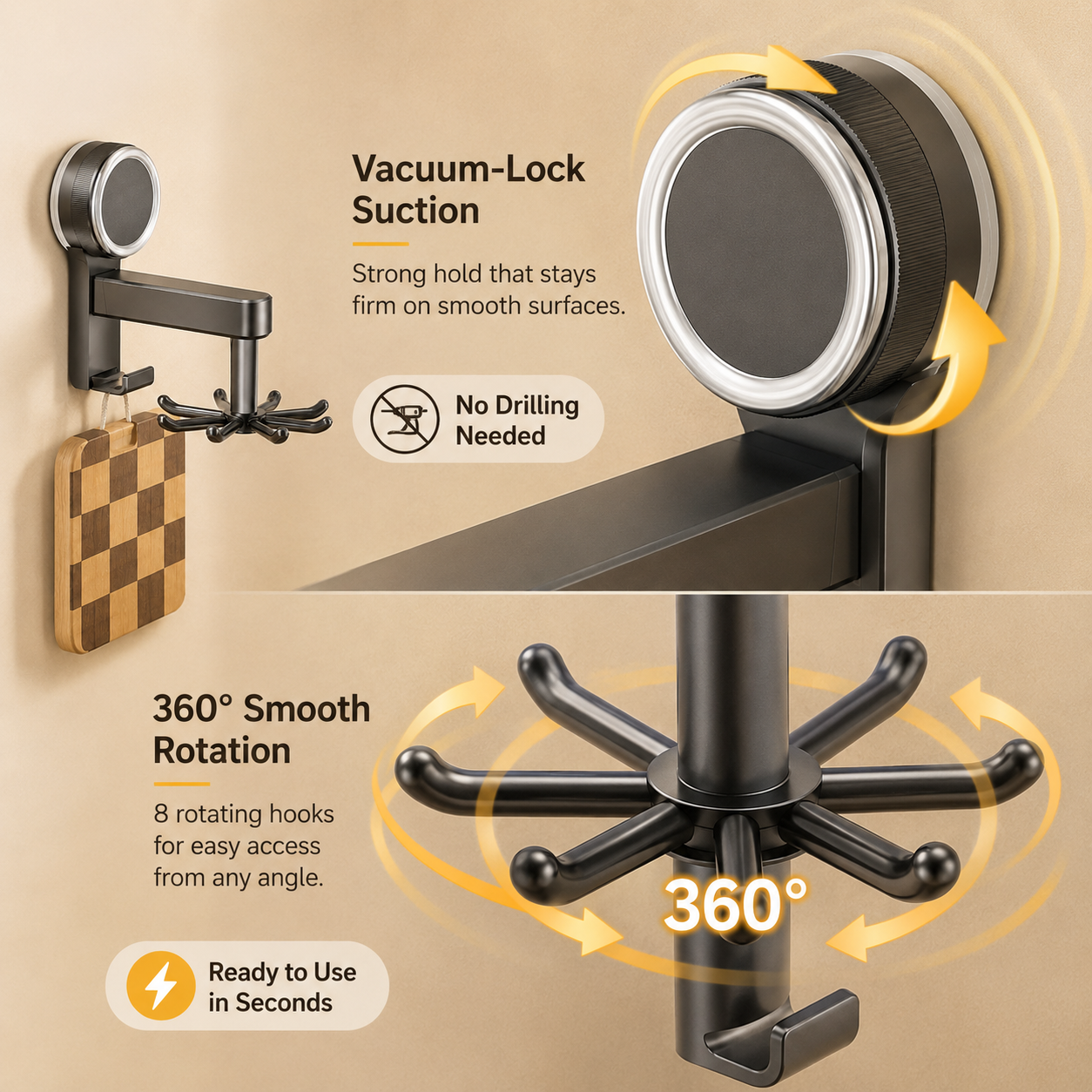 Multi-Purpose 360° Rotating Suction Hook Organizer