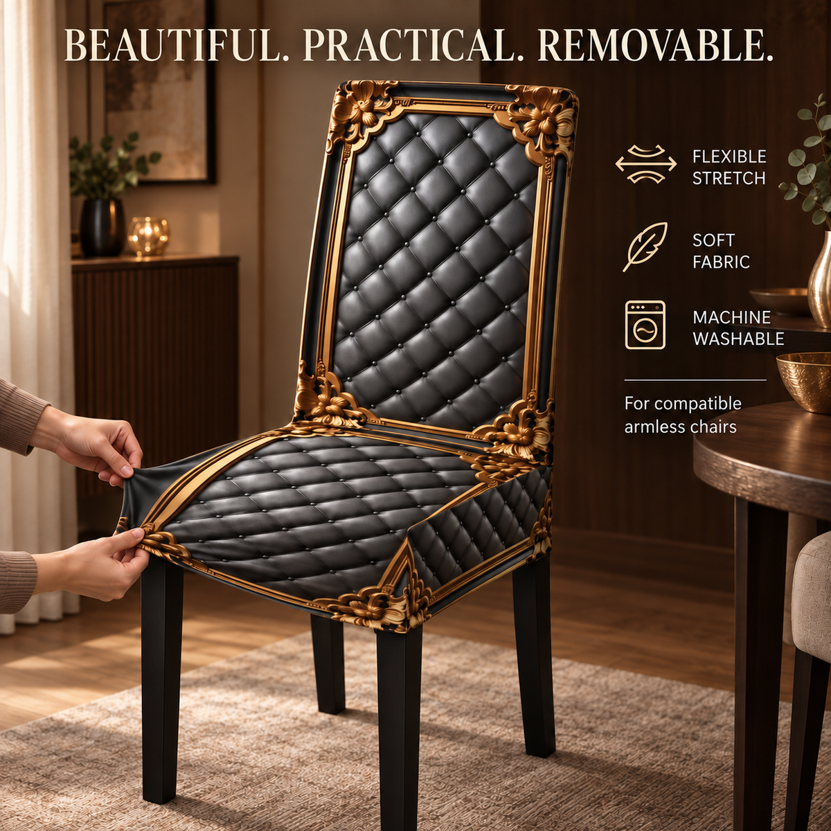 Regal Noir Baroque-Print Stretch Dining Chair Cover