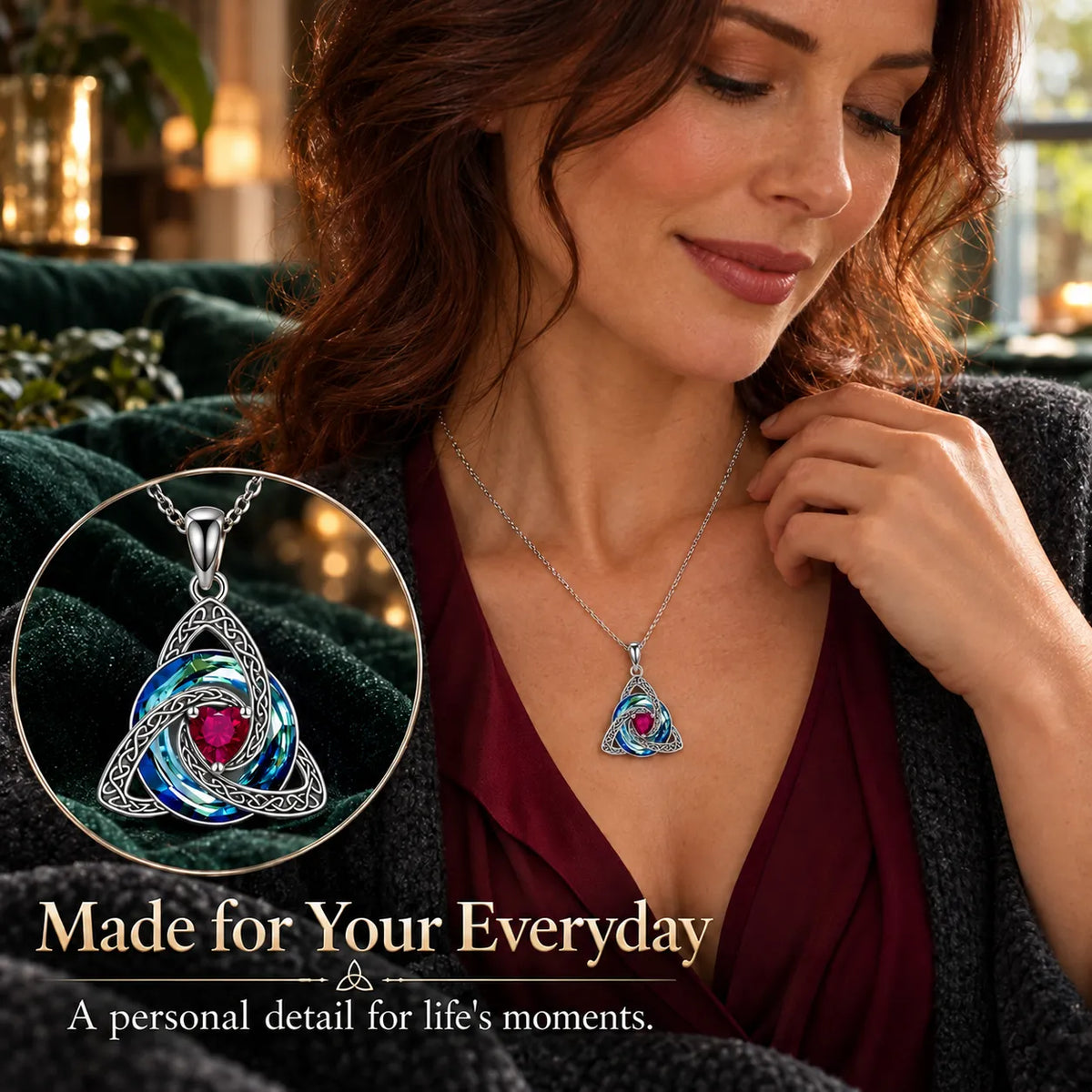 Celtic Trinity Knot Birthstone-Inspired Necklace + Free White Gift Box