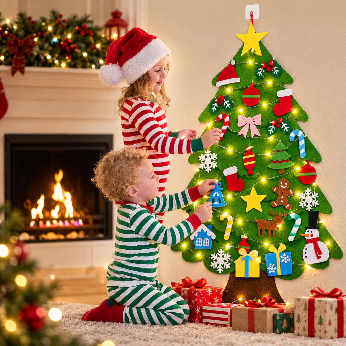 Kids' DIY Felt Christmas Tree with 32 Ornaments & 10FT LED Lights