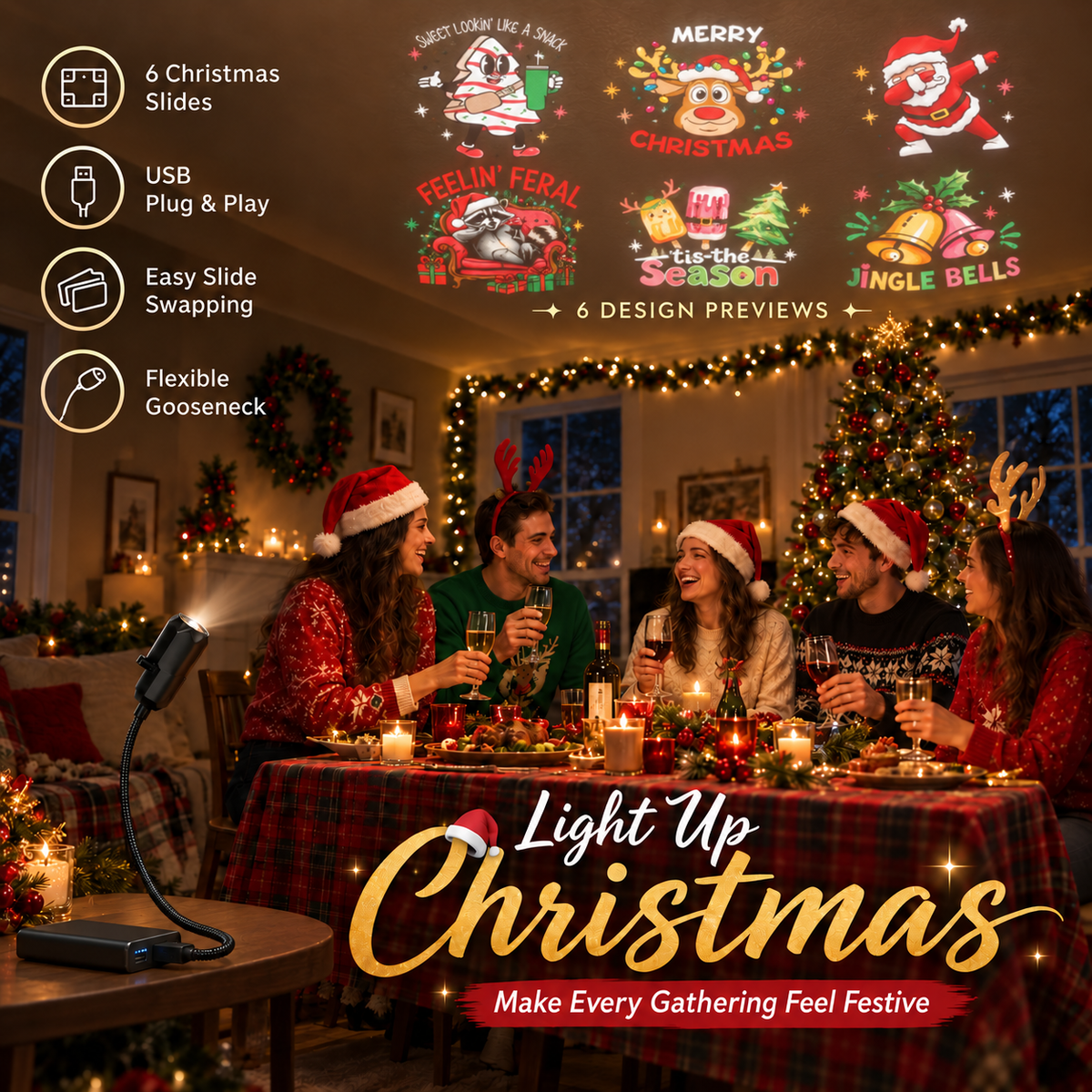 USB Holiday Projector Light – 6 Interchangeable Slides