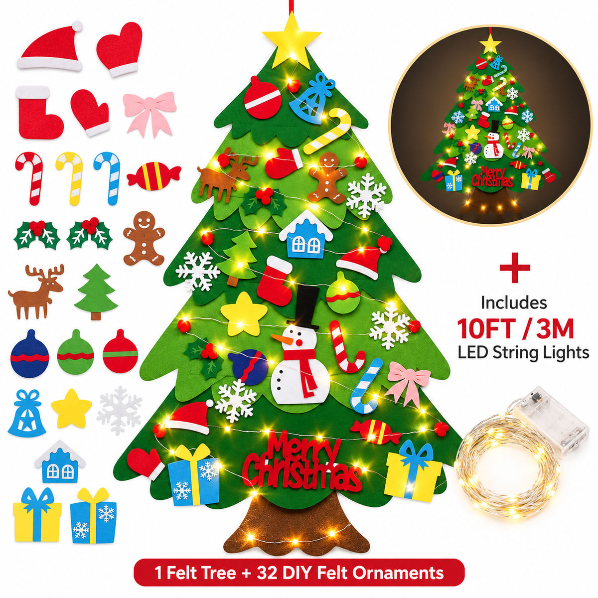 Kids' DIY Felt Christmas Tree with 32 Ornaments & 10FT LED Lights