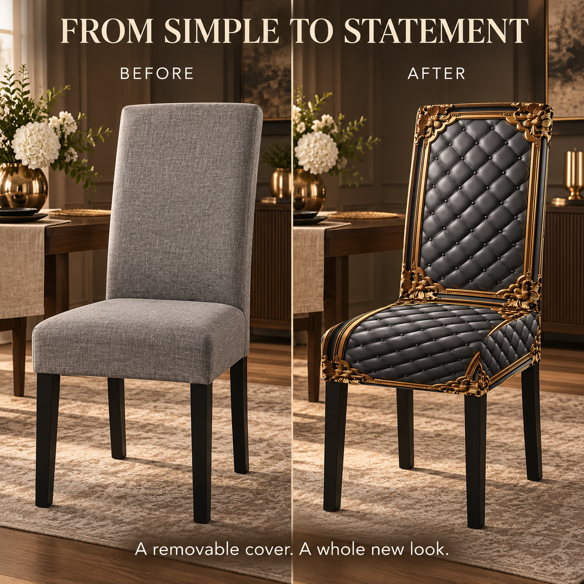 Regal Noir Baroque-Print Stretch Dining Chair Cover